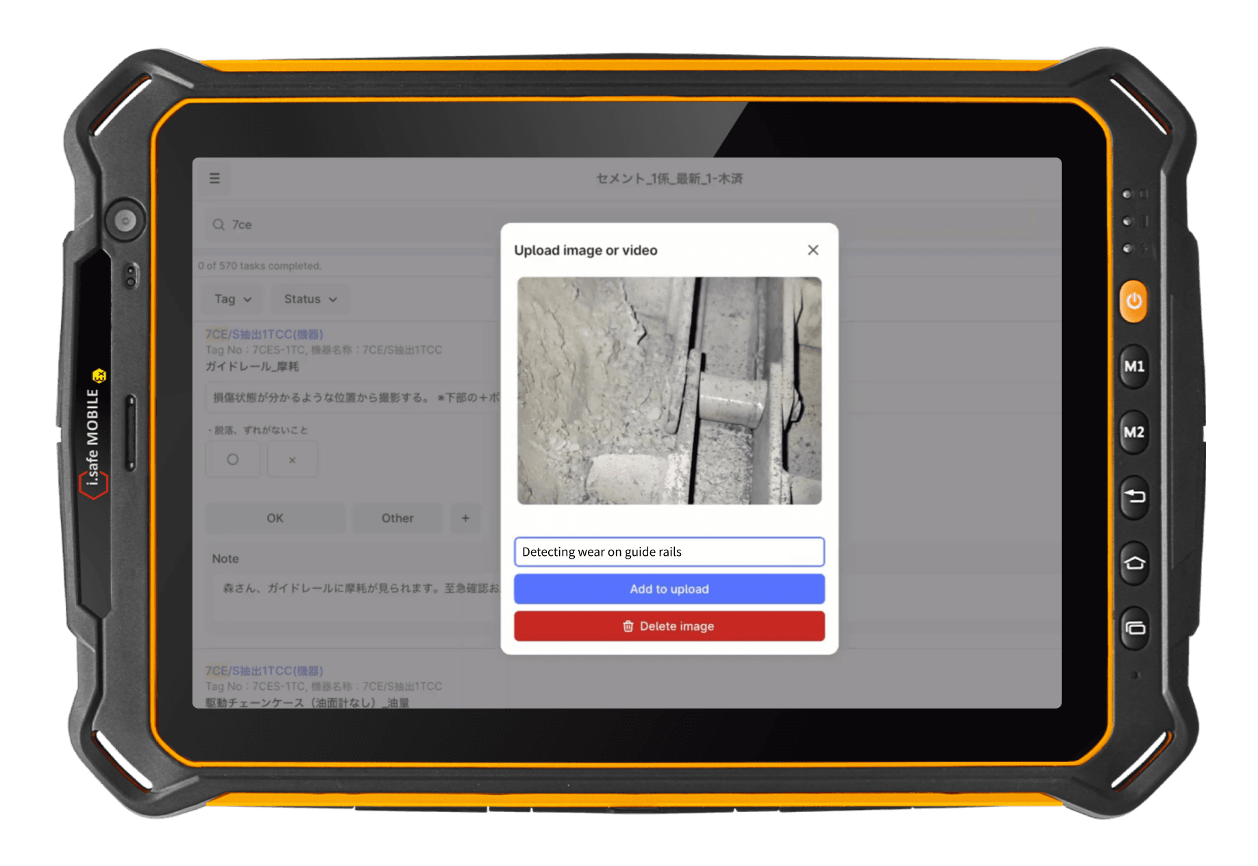 Capturing photos and videos of defects discovered during inspections with a mobile device and uploading them to Cognite InField